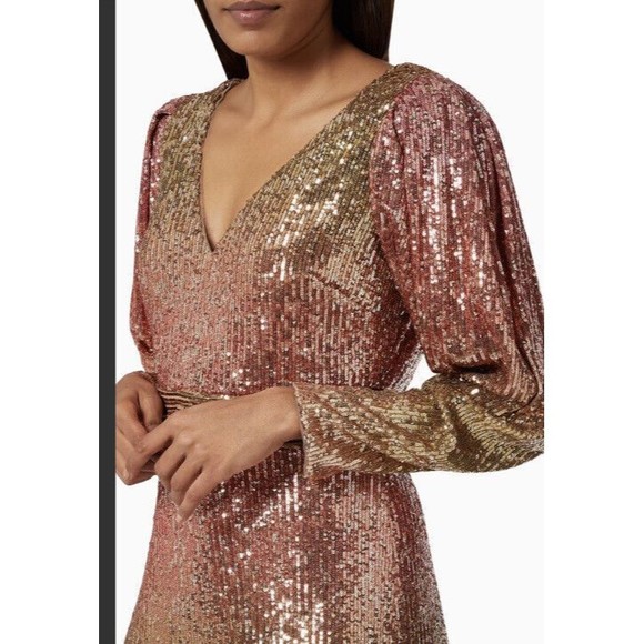THEIA Adalee Ombre Sequined Puff-Sleeve Gown Dress Size 4 Womens Gold - Picture 3 of 9